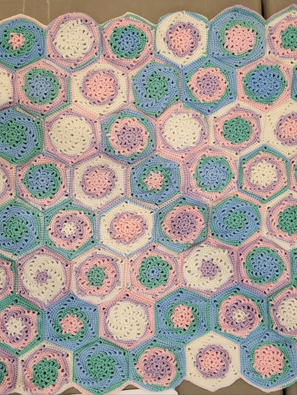 Handmade Crochet Hexagon Baby Blanket in Pastel Pink, Blue, Green & White,